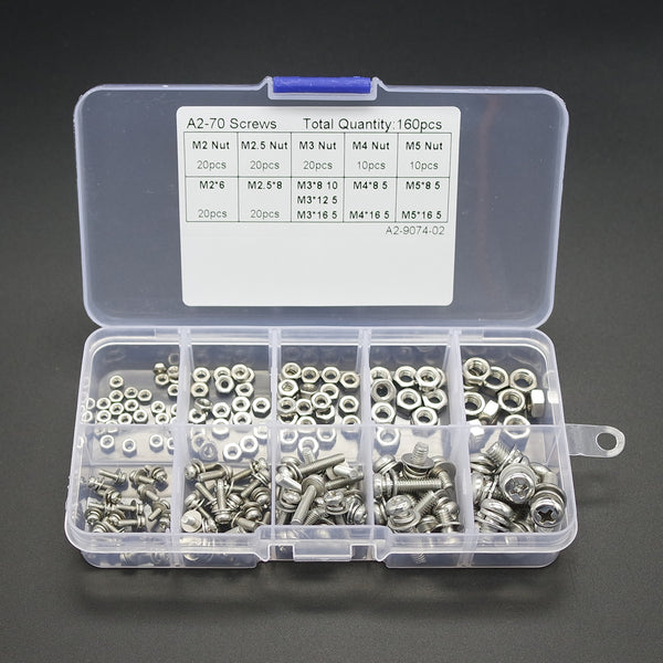 160 pcs/set 304 Stainless Steel Screws Cross Head Screws Bolts Nuts Kit Assortment M2 M2.5 M3 M4 M5 Widely Use Silver ZopiStyle
