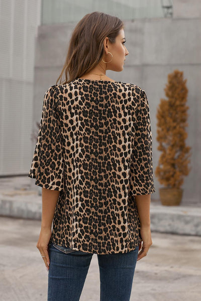 Printed Button Front Flare Sleeve Blouse Trendsi