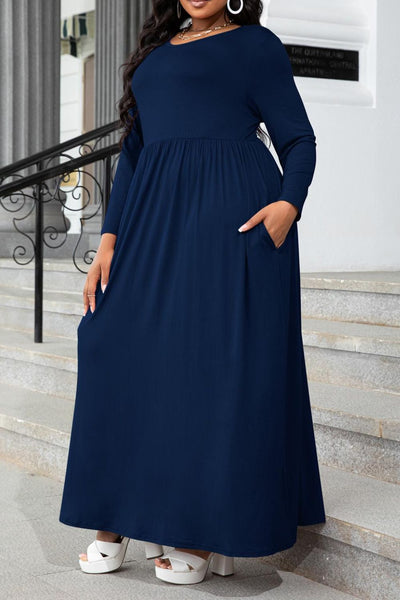 Plus Size Round Neck Long Sleeve Maxi Dress with Pockets Trendsi