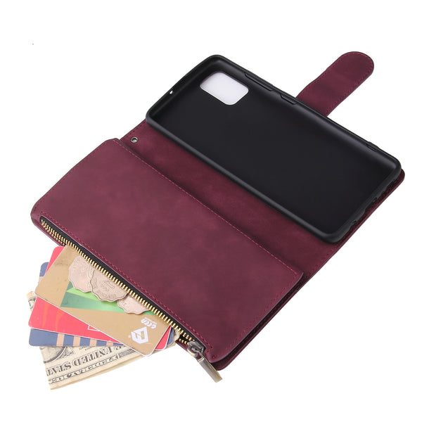 For Samsung A51 Case Smartphone Shell Precise Cutouts Zipper Closure Wallet Design Overall Protection Phone Cover  Wine red ZopiStyle