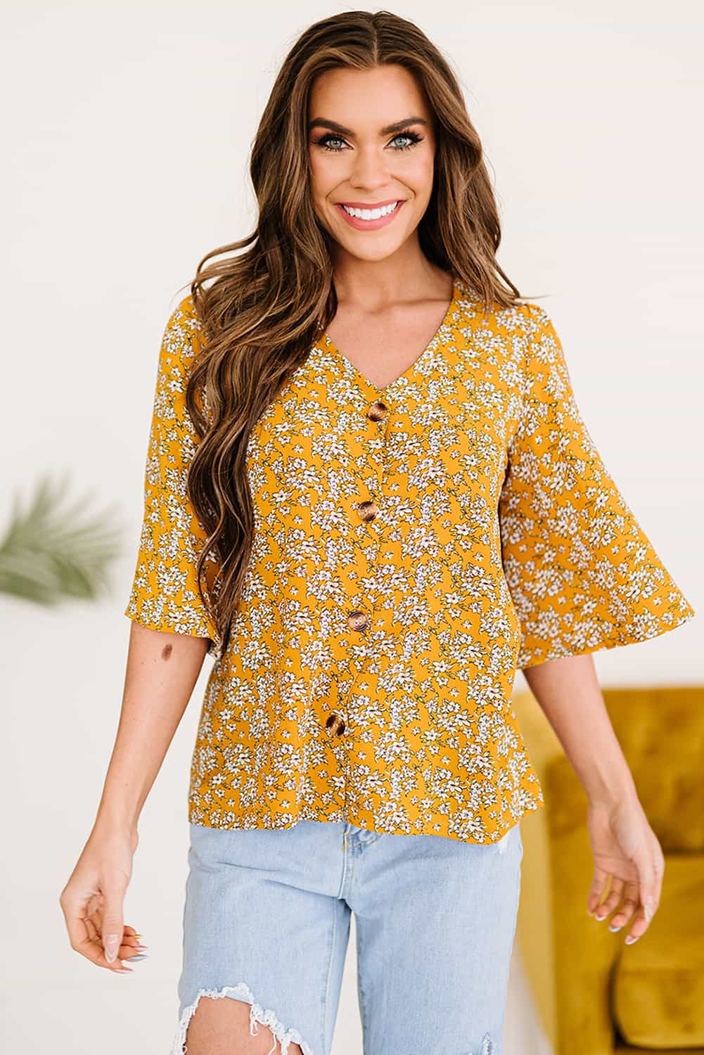 Printed Button Front Flare Sleeve Blouse Trendsi