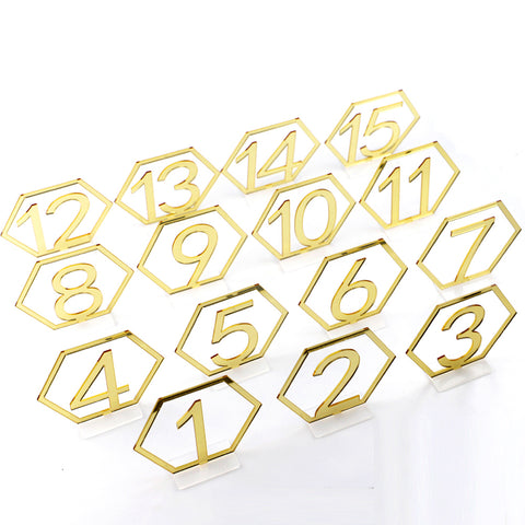 1-15 Hexagon Table Number Signs Acrylic Mirror Number Symbols for Wedding Party Decoration Gold ZopiStyle