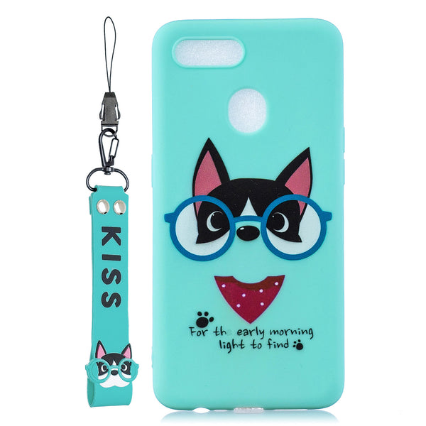 For OPPO A7 Cartoon Lovely Coloured Painted Soft TPU Back Cover Non-slip Shockproof Full Protective Case with Lanyard Light blue ZopiStyle