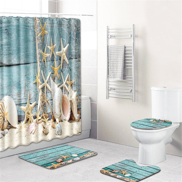 4  Pcs Non-slip Rug Toilet  Lid  Cover Bath  Mat Waterproof Bath  Curtain starfish_45*75cm ZopiStyle