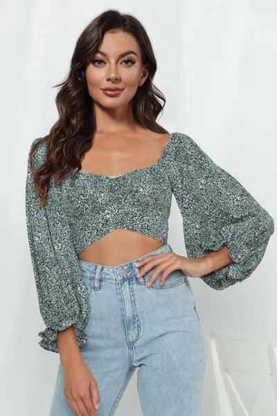 Printed Long Flounce Sleeve Cropped Blouse Trendsi