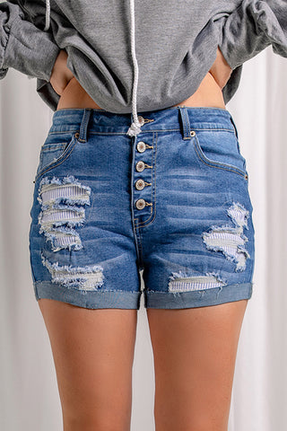 Distressed Button Fly Striped Lining Denim Shorts Trendsi