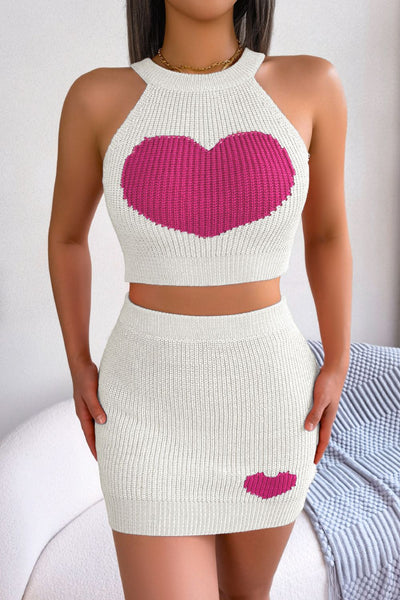 Heart Contrast Ribbed Sleeveless Knit Top and Skirt Set Trendsi