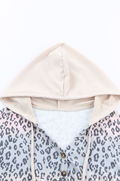 Leopard Color Block Buttoned Drawstring Detail Hoodie Trendsi