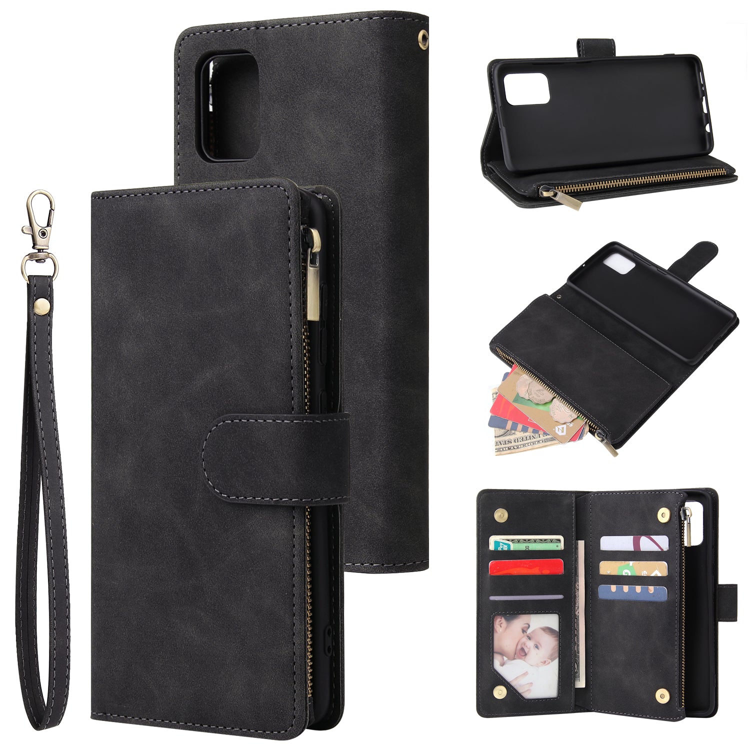 For Samsung A51 Case Smartphone Shell Precise Cutouts Zipper Closure Wallet Design Overall Protection Phone Cover  Black ZopiStyle