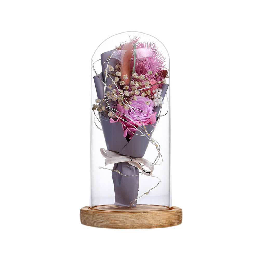 20LEDs Rose Bouquet with Glass Cover and Wooden Base Wedding Valentines Day Mothers Day Gift Pink ZopiStyle
