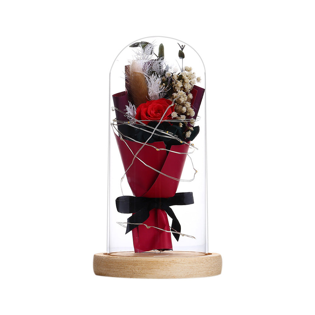 20LEDs Rose Bouquet with Glass Cover and Wooden Base Wedding Valentines Day Mothers Day Gift red ZopiStyle