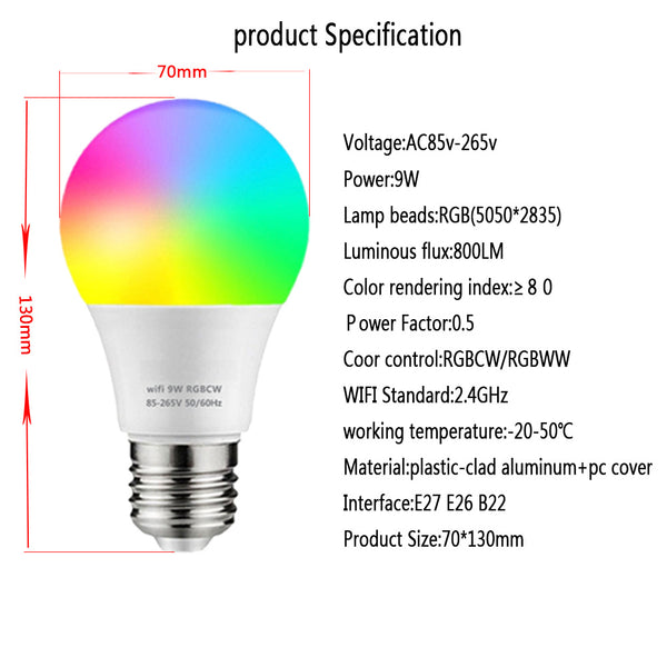 Wifi Rgb Colorful Intelligent Bulb 9w App Voice Control Timing Color-changing Super Bright Light Compatible With Alexa Google Assistant weifi version ZopiStyle