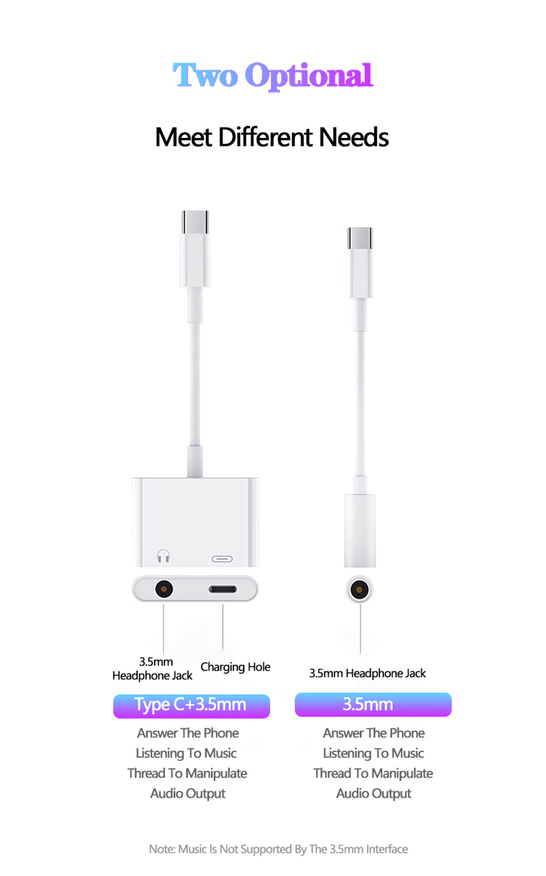 2-in-1 Audio  Adapter Type-c+3.5 Interface Wire Control Fast Charging For Type-c Type-C to 3.5 adapter cable ZopiStyle