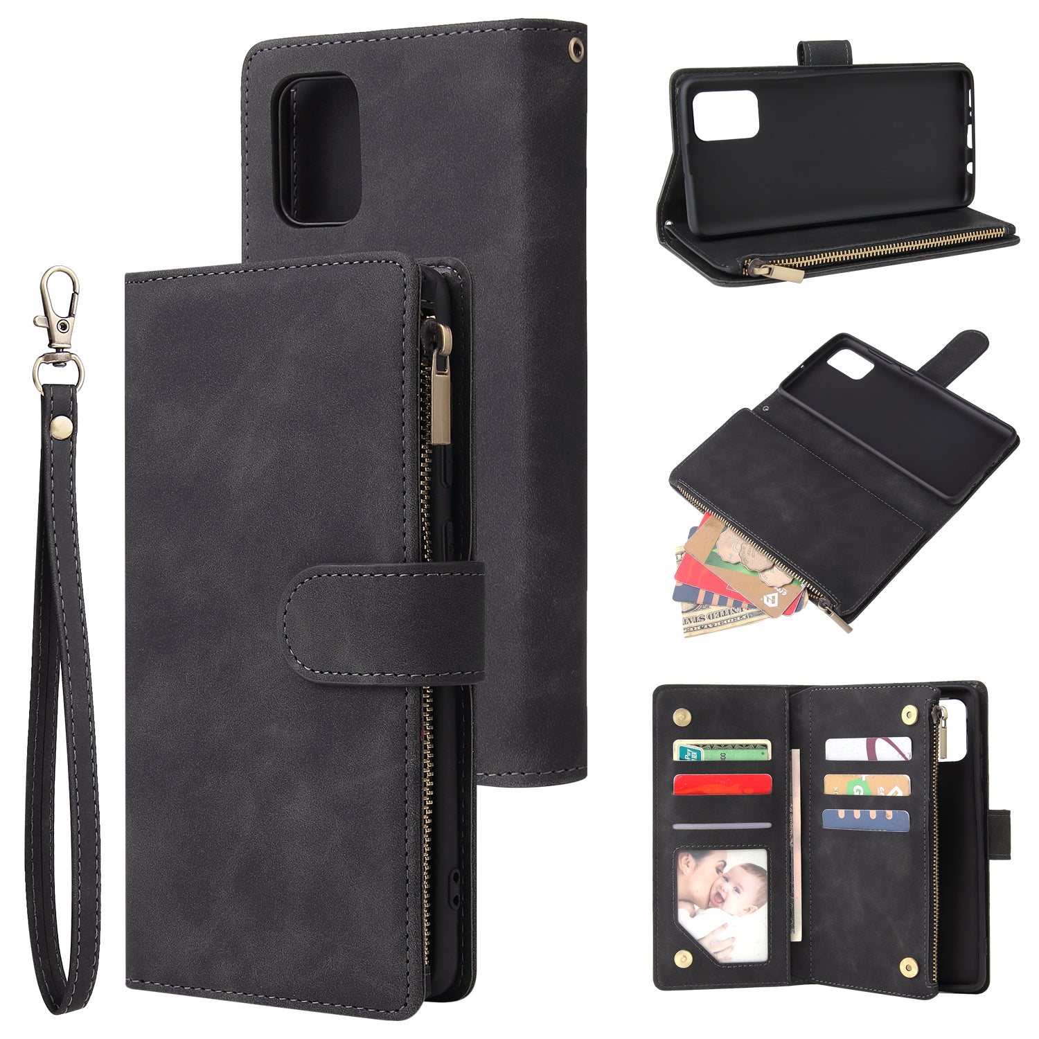 For Samsung A71 Case Smartphone Shell Precise Cutouts Zipper Closure Wallet Design Overall Protection Phone Cover  Black ZopiStyle