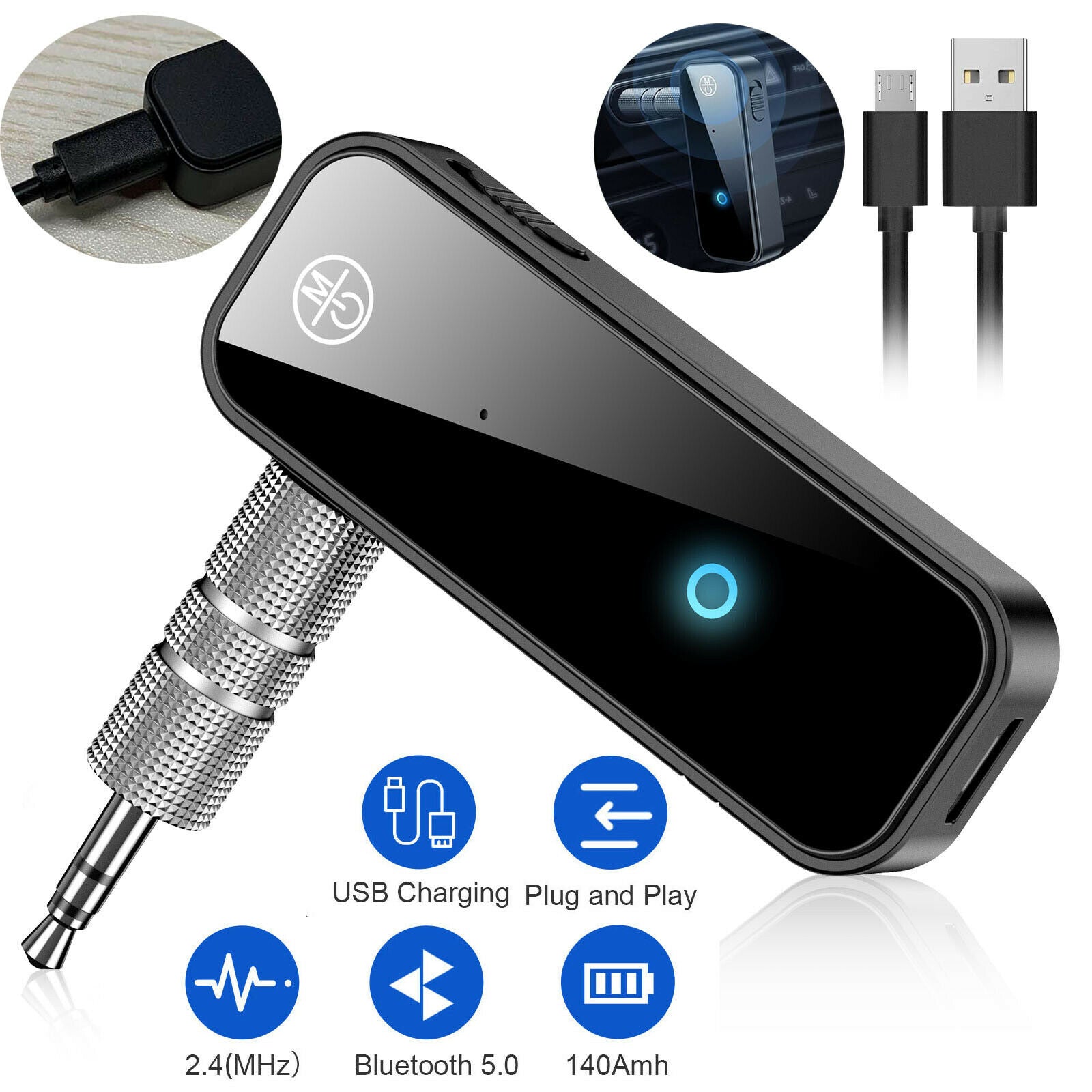3.5mm AUX Car Bluetooth Receiver Audio Adapter Bluetooth 5.0 Transmitter Black ZopiStyle