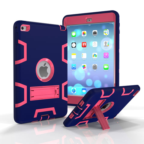 For IPAD MINI 4 PC+ Silicone Hit Color Armor Case Tri-proof Shockproof Dustproof Anti-fall Protective Cover  Navy + Rose red ZopiStyle