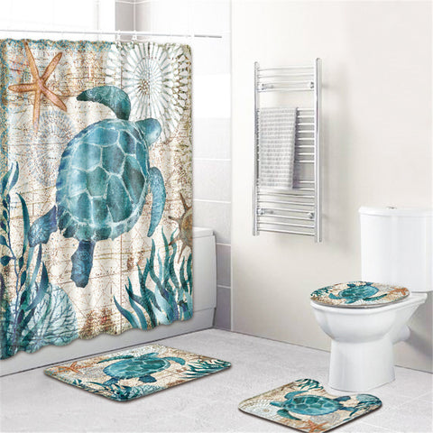 4  Pcs Non-slip Rug Toilet  Lid  Cover Bath  Mat Waterproof Bath  Curtain Sea turtle_50*80cm ZopiStyle