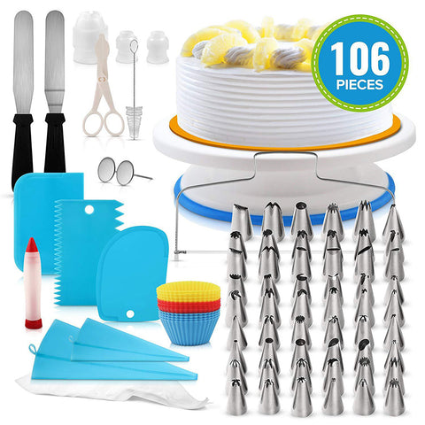 106Pcs Professional Stainless Steel DIY Baking Tools Cake Decorating Supplies Kit Cake Turntable Set Blue suit ZopiStyle