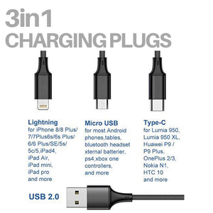 Fast USB Charging Cable Universal 3 in 1 Multi Function Cell Phone Cord Charger  black ZopiStyle