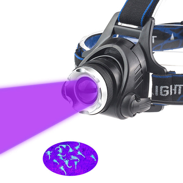 UV LED Purple Headlamp Rotating Zoom Headlight Torch Rechargeable Head Catching Scorption Torch Single white+purple headlight ZopiStyle