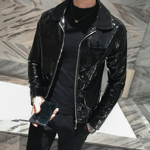 Shiny Leather Jacket Men&#39;s Stage Costume Red Black Brown Nightclub Club Men&#39;s Leather Jacket Solid Color Slim Men&#39;s Jacket Coats ZopiStyle