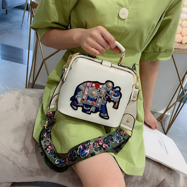 Vintage Embroidery Elephant Bag Bags Wide Butterfly Strap PU Leather Women Shoulder Crossbody Bag Tote Women&#39;s Handbags Purses ZopiStyle