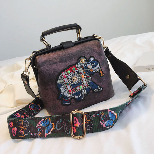Vintage Embroidery Elephant Bag Bags Wide Butterfly Strap PU Leather Women Shoulder Crossbody Bag Tote Women&#39;s Handbags Purses ZopiStyle