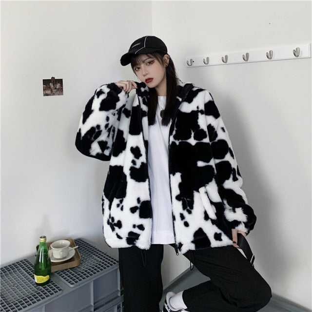 Korean Winter New Fashion Coat Harajuku Cows Printing Loose Full Sleeve Leather Jacket Vintage Flannel Keep Warm Cotton Clothes ZopiStyle