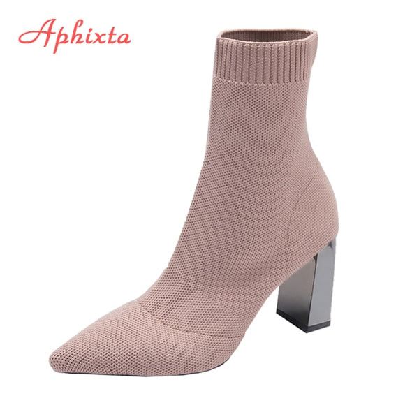 Aphixta Metal Blade Heels Socks Boots Women Stretch Fabric Elastic Stilettos Heel Pointed Toe Ankle Boots Shoes Woman Boats ZopiStyle