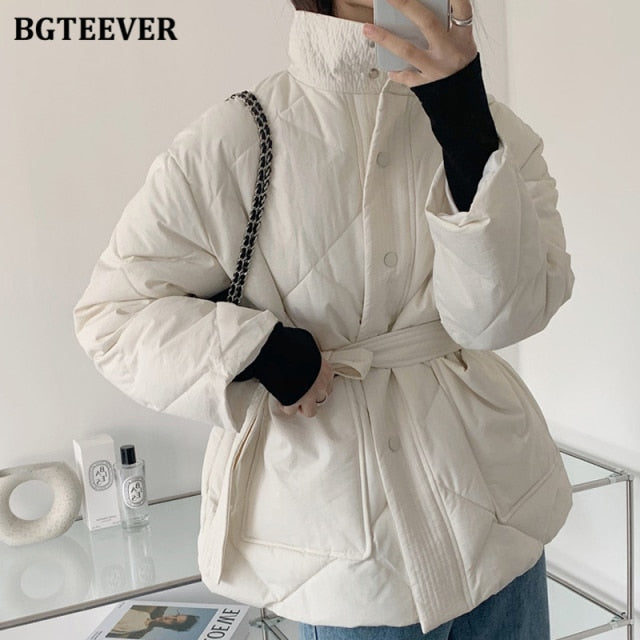 BGTEEVER Winter Thick Cotton Padded Coats Women Single-breasted Zippers Lace-up Female Parkas Stand Collar Female Jackets ZopiStyle