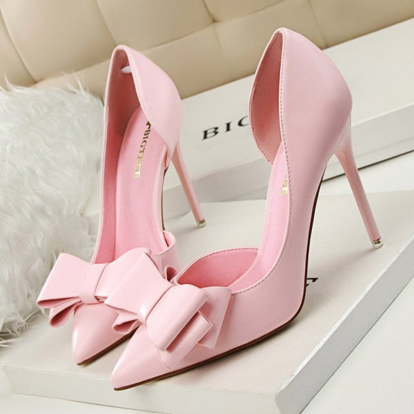 Korean Fashion Women&#39;s Shoes Wedding Bow High Heels Stiletto Heels Shallow Pointed Head Side Empty Thin Shoes ZopiStyle