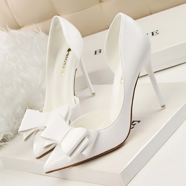 Korean Fashion Women&#39;s Shoes Wedding Bow High Heels Stiletto Heels Shallow Pointed Head Side Empty Thin Shoes ZopiStyle