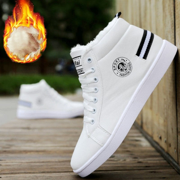 Men&#39;s Winter Plush Shoes Boys Comfort Sneakers White Leather Shoes Men High Top Sneakers 2021 Trendy Style Vulcan Boys Shoes ZopiStyle