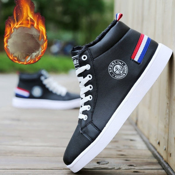 Men&#39;s Winter Plush Shoes Boys Comfort Sneakers White Leather Shoes Men High Top Sneakers 2021 Trendy Style Vulcan Boys Shoes ZopiStyle