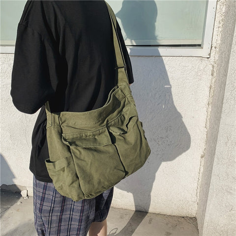 Multi Pockets Canvas Big Size Handbag Female Male Teenager Student Over Large High Street Hip Hop Fabric Zipper Messenger Bag ZopiStyle