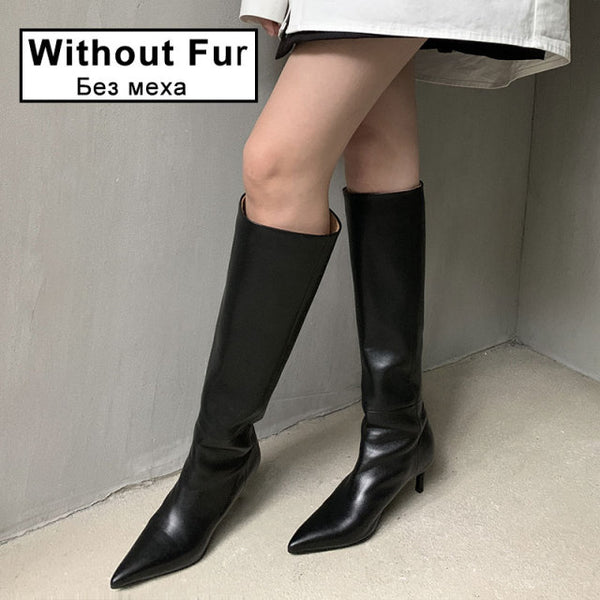 Taoffen Size 33-43 Women Genuine Leather Knee High Boots Pointed Toe Thin Heel Slip On Party Club Winter Ladies Footwear ZopiStyle