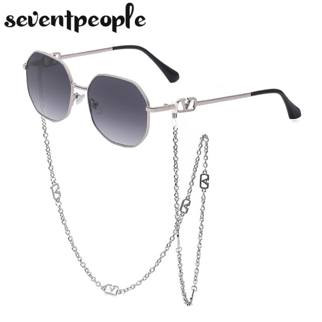 Fashion Metal Irregular Sunglasses With Chain Women 2021 Luxury Brand Channel Trendy Square Sun Glasses For Female Chic Eyewear ZopiStyle
