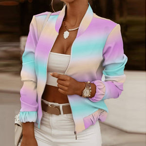 2021 Flower Print Long Sleeve Women&#39;s Bomber Jacket Fashion Zipper Up Vintage Coat Tops Elegant Slim Basic Ladies Jackets ZopiStyle