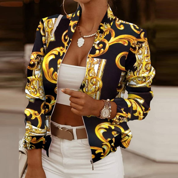 2021 Flower Print Long Sleeve Women&#39;s Bomber Jacket Fashion Zipper Up Vintage Coat Tops Elegant Slim Basic Ladies Jackets ZopiStyle