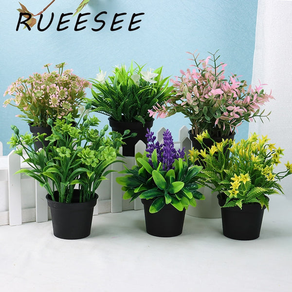 6pcs Artificial Flowers Potted Lavender Eucalyptus Plants Greenery in Pots Faux Houseplant for Home Decoration Green Bonsai ZopiStyle