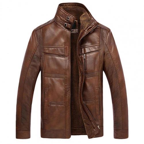 Men Jacket Long Sleeve Stand Collar Faux Leather Fleece Lined Zip Warm Short Jacket  Men Clothing Brown 3XL мужская куртка 2021 ZopiStyle