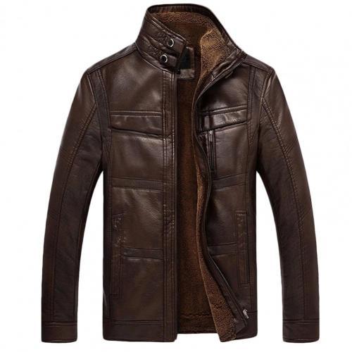 Men Jacket Long Sleeve Stand Collar Faux Leather Fleece Lined Zip Warm Short Jacket  Men Clothing Brown 3XL мужская куртка 2021 ZopiStyle