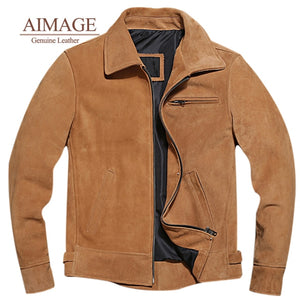 AIMAGE Vintage Brown Pilot Leather Jacket Genuine Cowhide Leather Jacket Cowhide suede leather jacket coat PY139 ZopiStyle