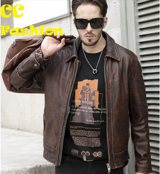 Free shipping.2021 Popular style genuine Leather jacket.Vintage brown cowhide coat,Men fashion biker jacket.Asian size thick ZopiStyle