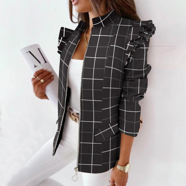 Fashion Autumn Long-sleeved Ruffle Women Suit Coat 2021 Casual Stand Collar Printed Plaid Zipper Straight Slim Small Coat Woman ZopiStyle