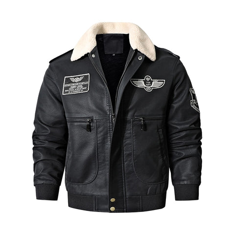 Men&#39;s Bomber Motorcycle Leather Jacket Vintage Brown Military Flight Coat Winter Fleece Faux Leather Pigskin Plus Size Jaqueta ZopiStyle