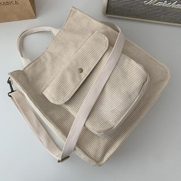 Corduroy Shoulder Bag Women Vintage Shopping Bags Zipper Girls Student Bookbag Handbags Casual Tote With Outside Pocket 2021 ZopiStyle