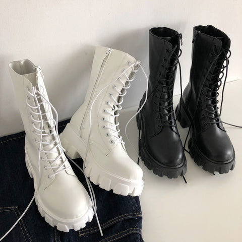 2021 New Mid Calf Boots Women Autumn Winter Fashion Lace-up Zipper Botas Mujer Boots Sports Platform Heel Ladies Shoes ZopiStyle