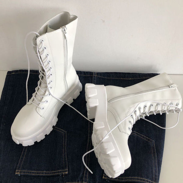 2021 New Mid Calf Boots Women Autumn Winter Fashion Lace-up Zipper Botas Mujer Boots Sports Platform Heel Ladies Shoes ZopiStyle