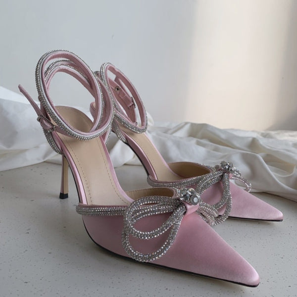 Rhinestone Baotou sandals 2021 new summer fairy wind pointed pink high-heeled bow tie thin heel winding bandage ZopiStyle